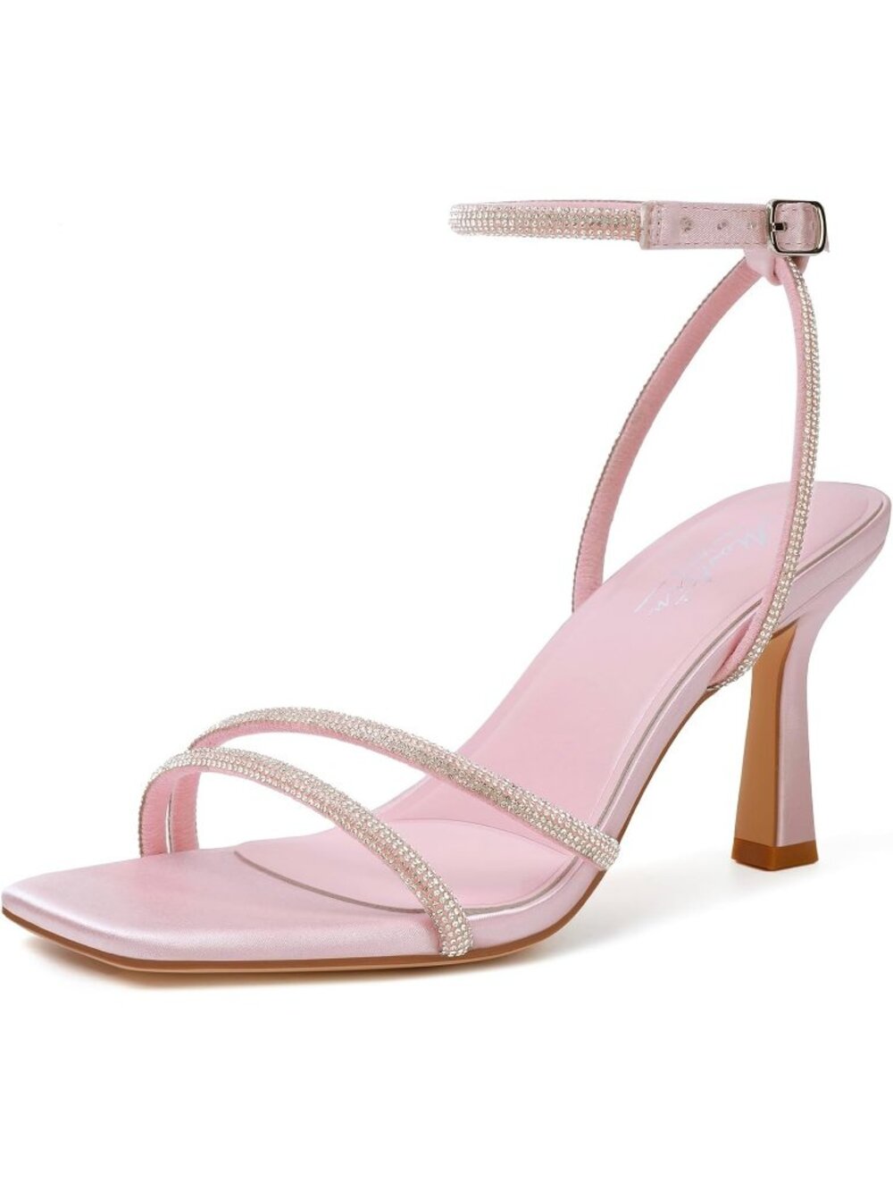 Womens Pink Rhinestone Ankle Strap Lace Up Heel Square Open Toe High Heel Sandal